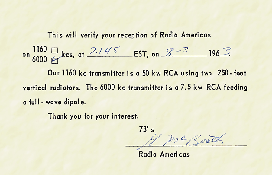 Radio Americas QSL back