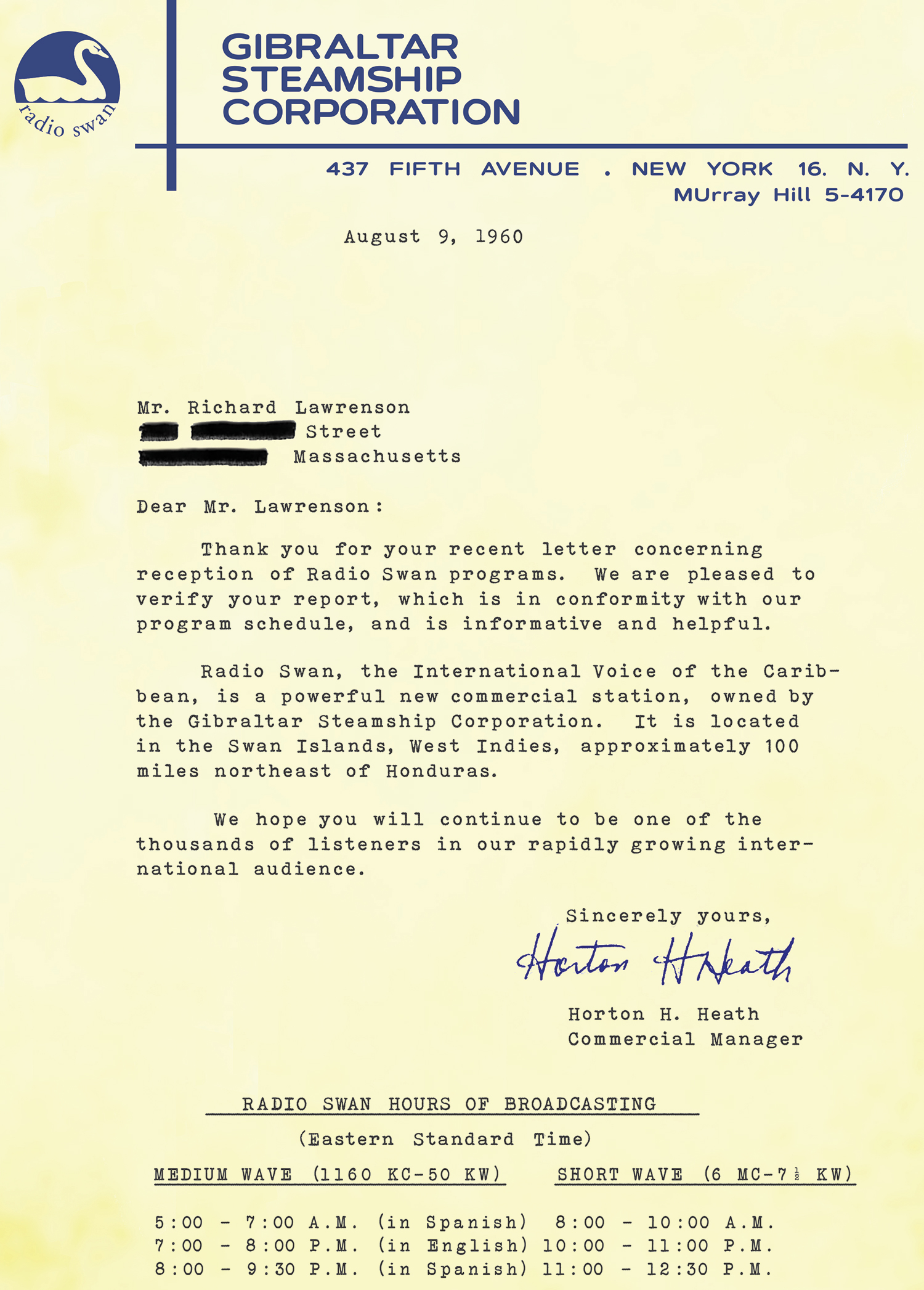 Radio Swan QSL-Brief in englisch