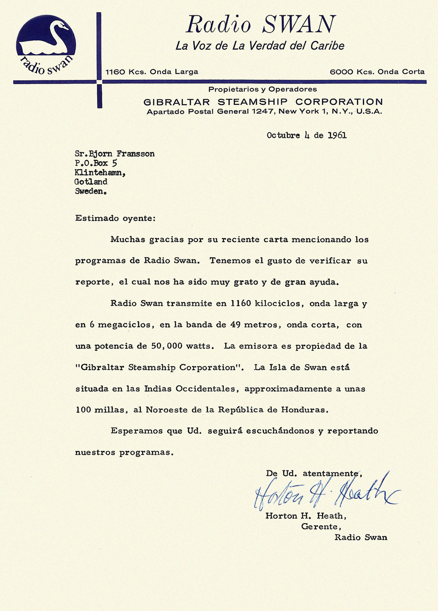 Radio Swan QSL-Brief in spanisch
